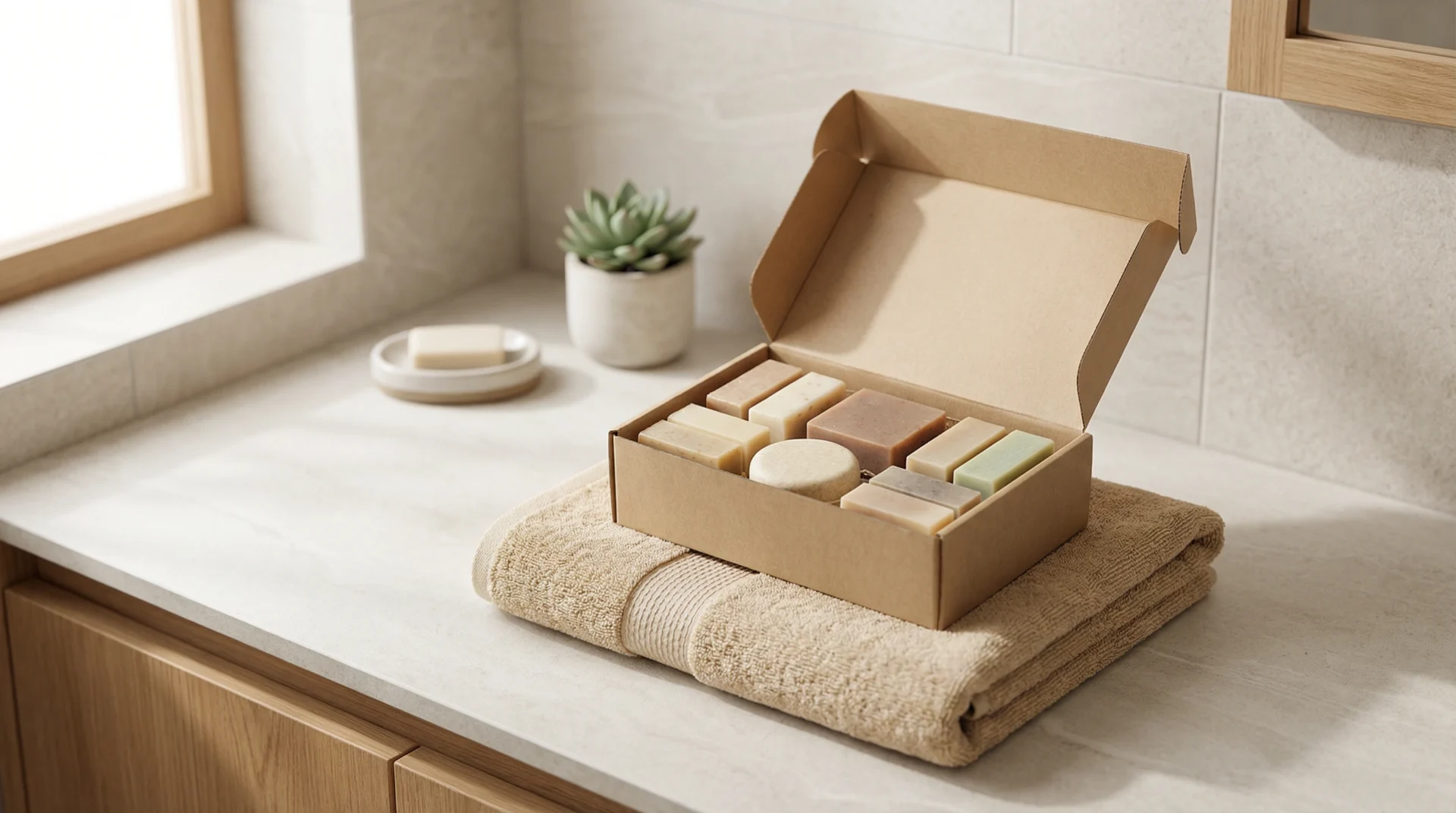 Cadeaux écoresponsables pour la maison posés sur une table en bois, bocaux en verre et textiles naturels