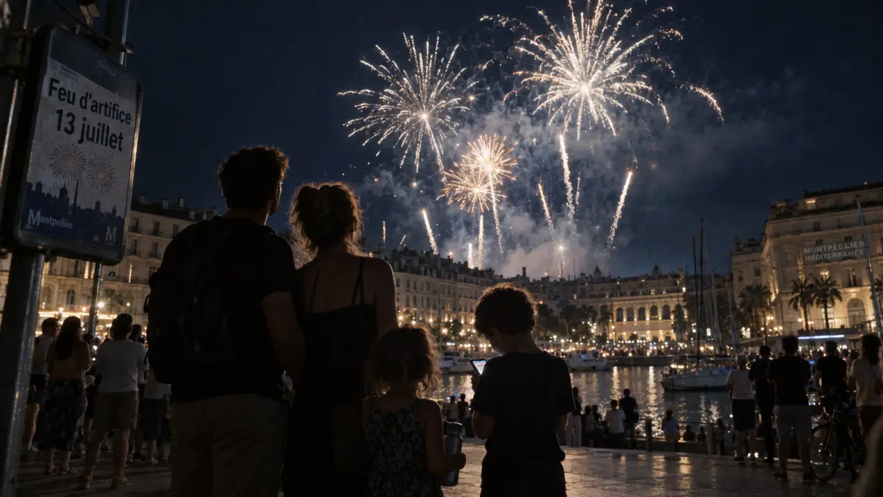 Feu d'artifice du 14 juillet illuminant le ciel nocturne au-dessus des toits d'une ville française
