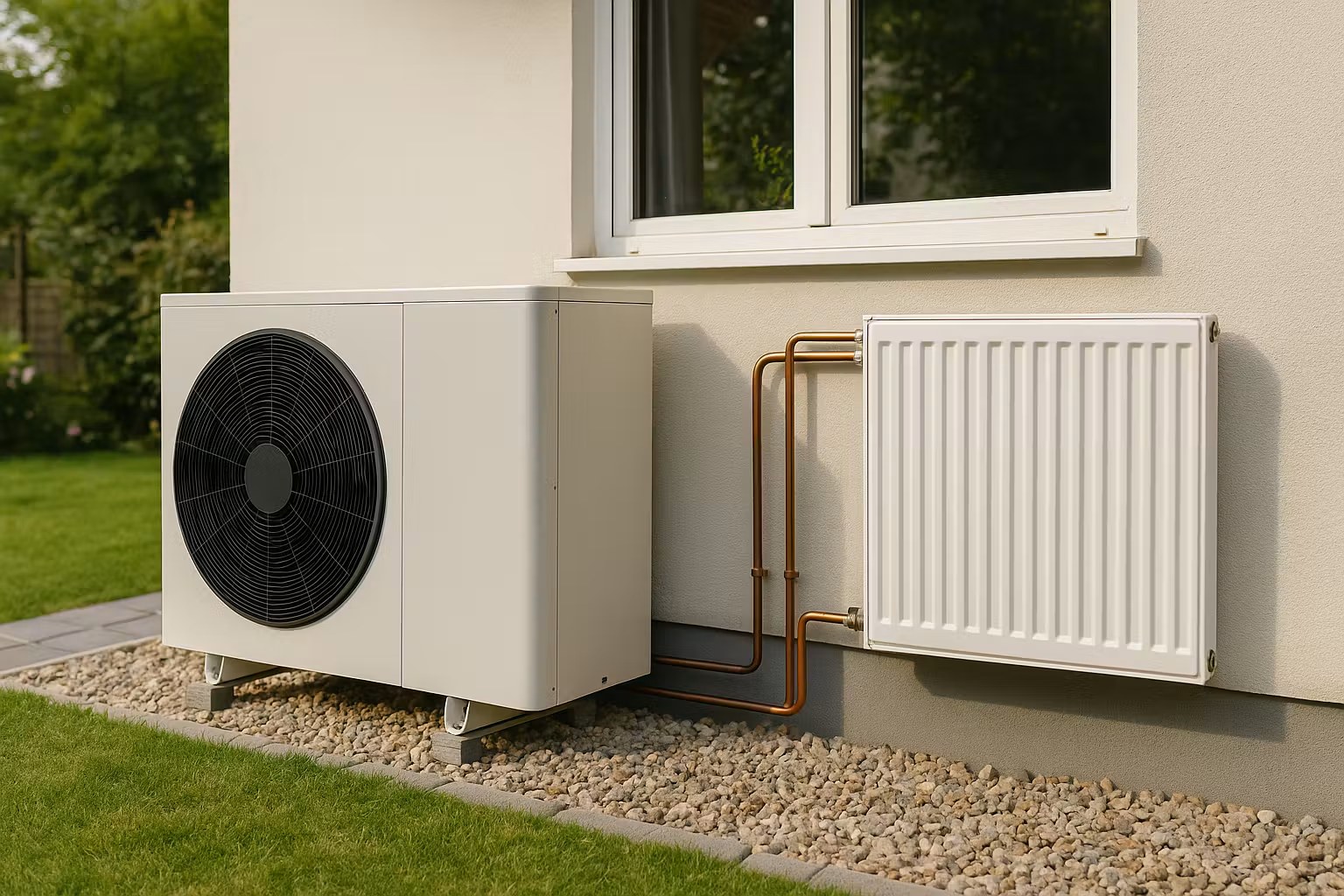 Unité extérieure d'une pompe à chaleur air-eau installée contre le mur d'une maison