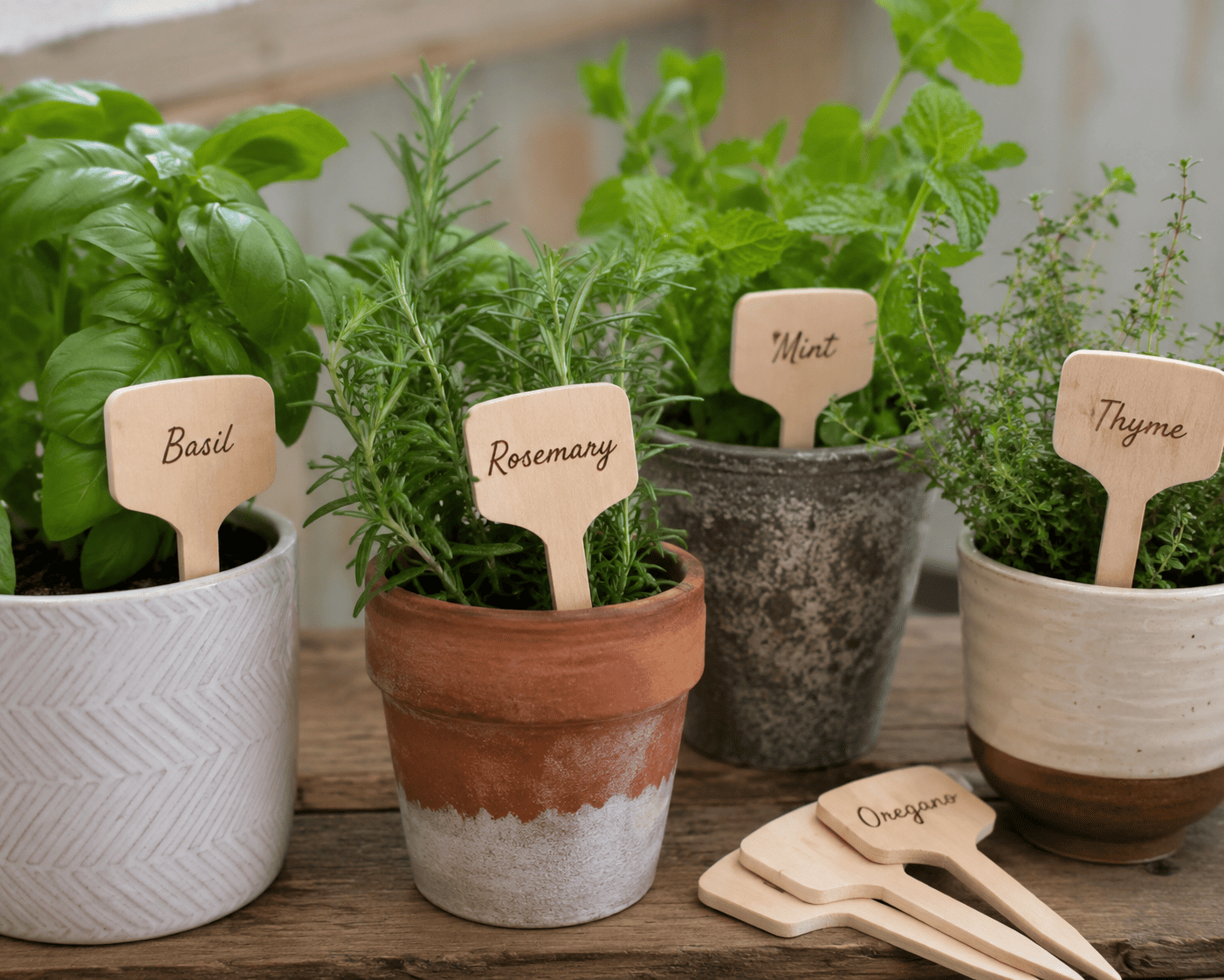 Sélection de cadeaux pour amateurs de plantes d'intérieur posés sur une table en bois, avec arrosoir, cache-pot et plante verte